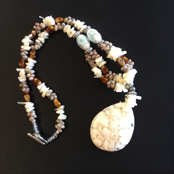 Sea Shell, Glass & Agate Necklace w/Sterling Clasp - Picture 1 of 7